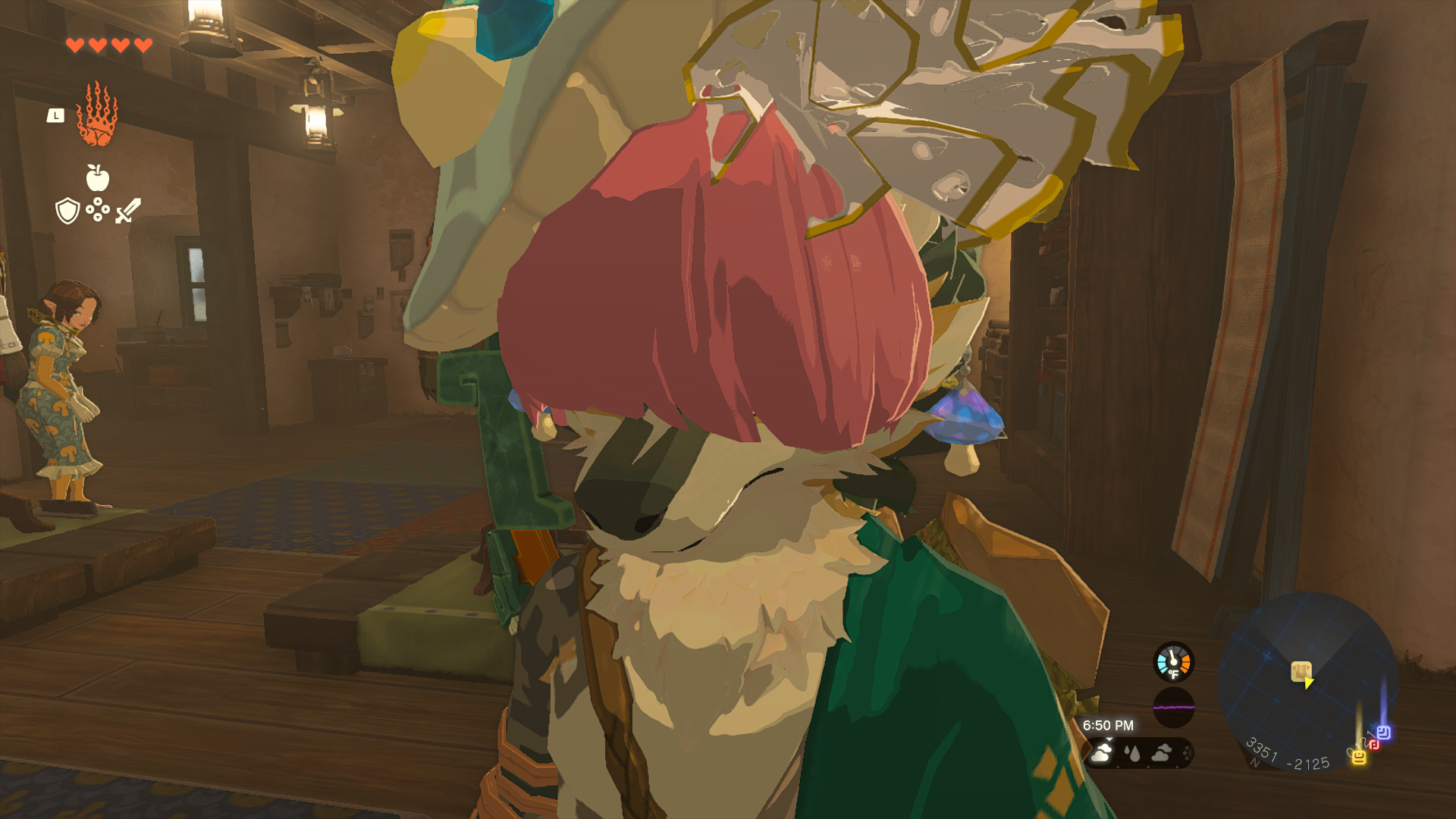 Link wearing a very silly hat and a wig with pink bangs. His dog snout is sticking out from under the hair.