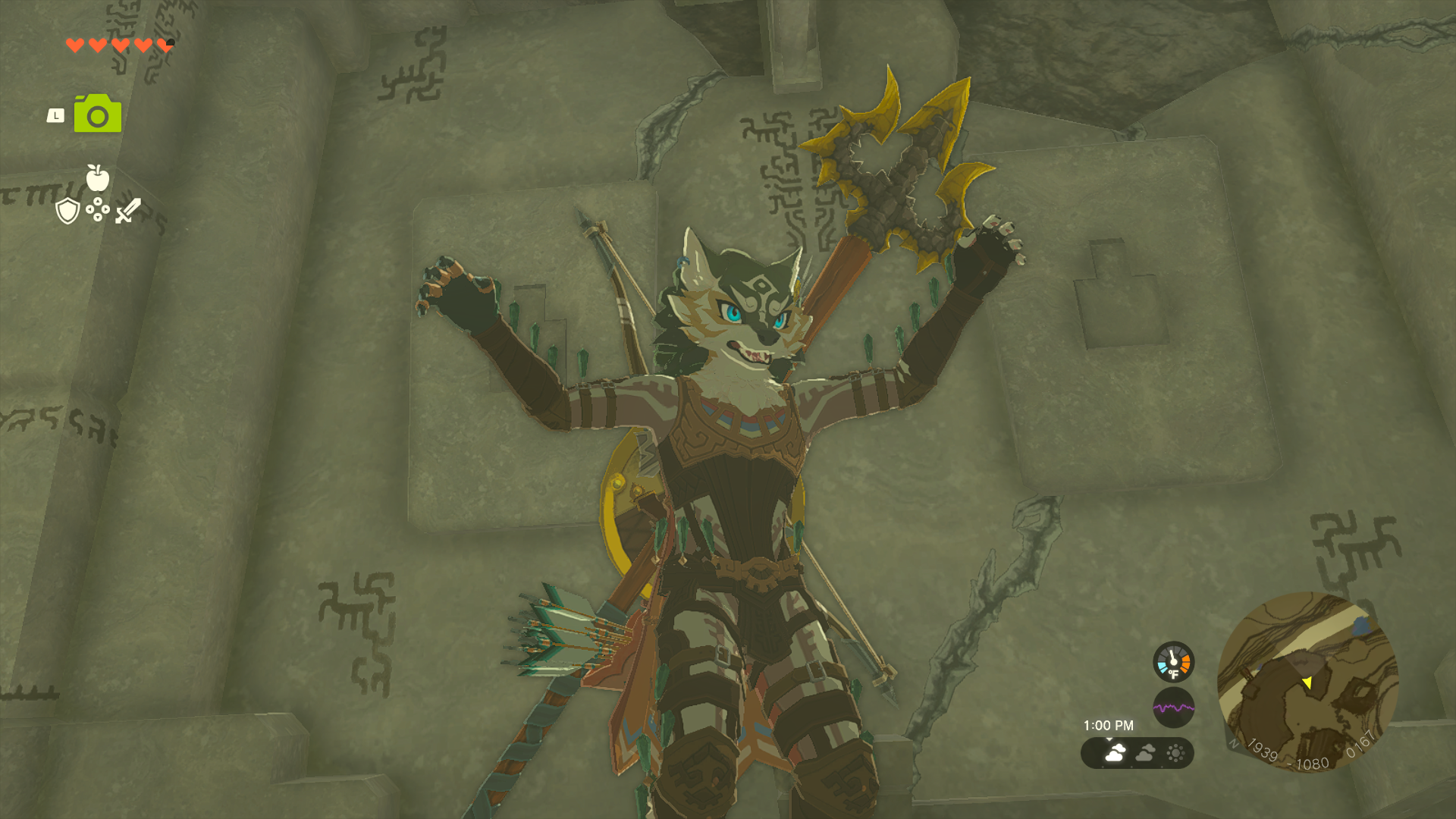 Link jumping, wearing the gliding suit (torso and legs) and the Rito headpiece (just visible as some feathers fanned out by his wolf ears).