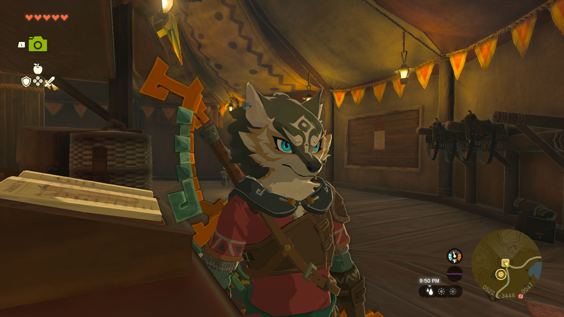 Link in a very handsome Hylian outift. The human variant has a hood over Link's head, but in the wolf version here, the hood is down around the shoulders.