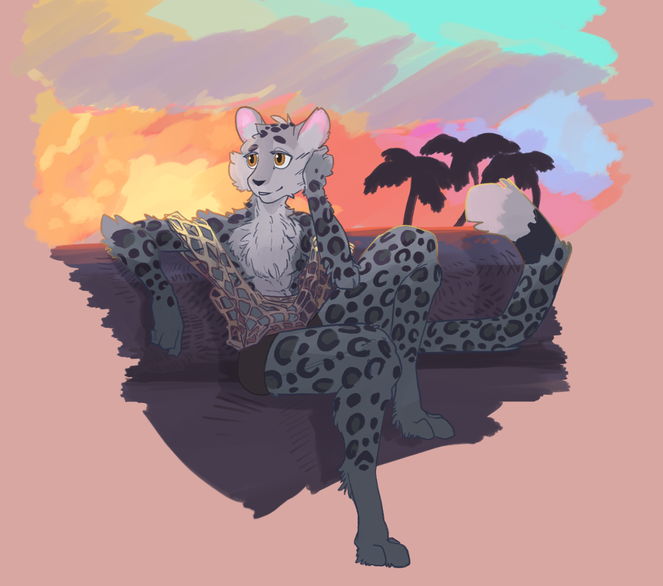 A snow leopard man in a net-like shirt, sitting on a bench at sunset, with palms in the background.