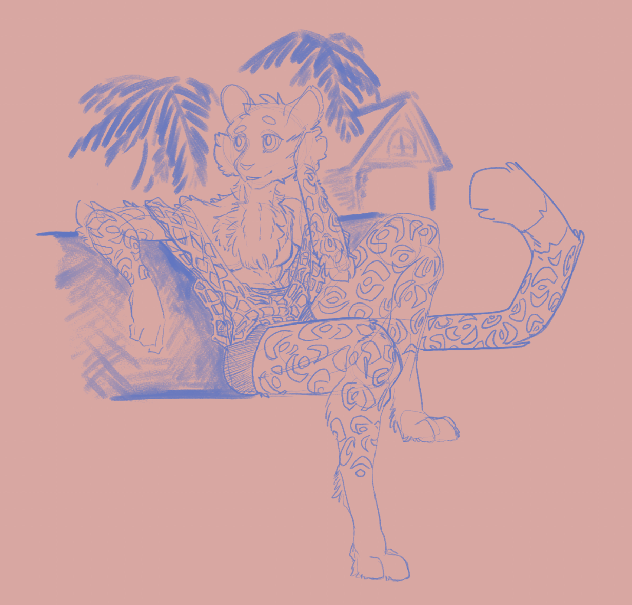 Snow leopard man in a shirt that looks like it's made of a net. He's near palm trees and a shack, so it looks like a beach.